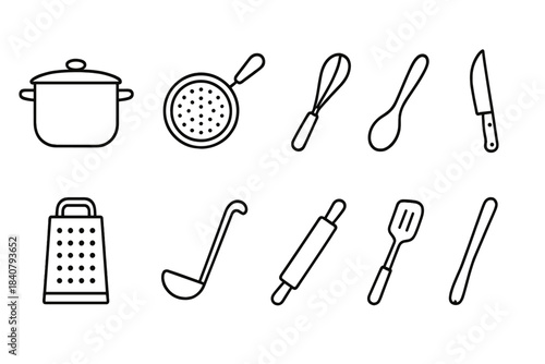 Kitchen utensils icon set. Cooking, baking tools collection in line style