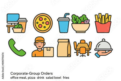 Office meal ordering flat icon set. Food delivery, corporate dining symbols collection.