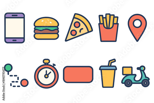 Food delivery service icon set. Flat icons for mobile apps and logistics solutions
