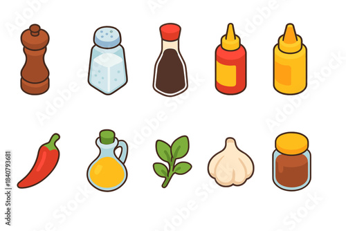 Culinary ingredient flat icon set. Spice, herb, condiment collection for recipes