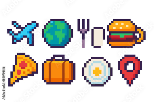 Travel and food icon set. Pixelated, flat icons for dining and adventure themes