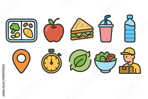 Food delivery and healthy eating icon set. Flat nutrition and meal planning icons collection