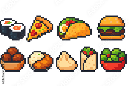 Food and drink pixel icon set. Delicious cuisine pixel art style symbols collection