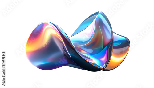 Glossy, abstract, iridescent sculpture with curved folds, reflecting vibrant rainbow colors