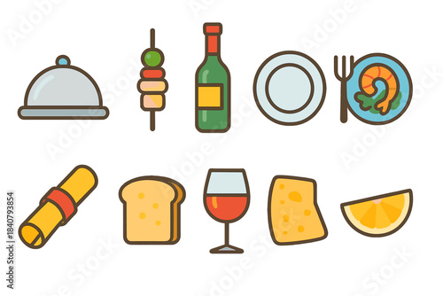 Food and drink flat icon set. Culinary, dining, beverage icons flat collection