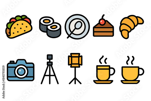 Food and photography flat icon set. Cuisine and camera essentials flat collection
