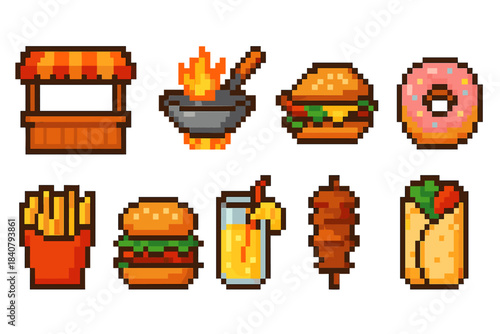 Food and drink icon set. Pixel art snacks and beverages flat collection