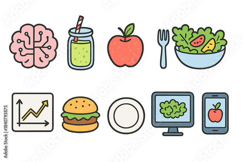 Healthy lifestyle and technology outline icon set for wellness and tech enthusiasts