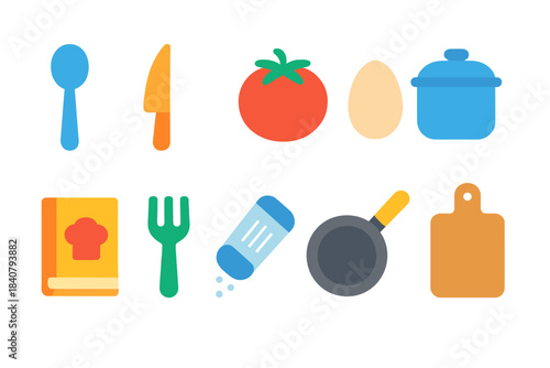 Cooking and kitchen flat icon set. Cookware, utensils, ingredients illustrations