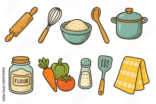 Cooking, kitchen flat icon set. Culinary tools and ingredients icons collection