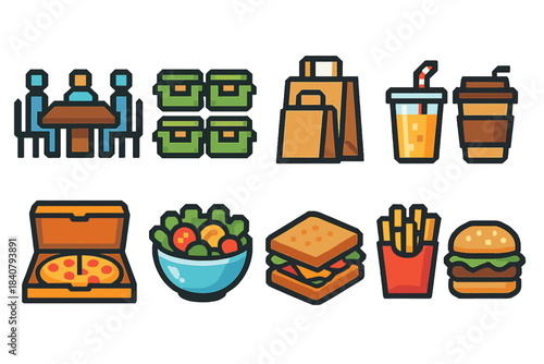 Food and drink icon set. Colorful flat icons for restaurants and cafes