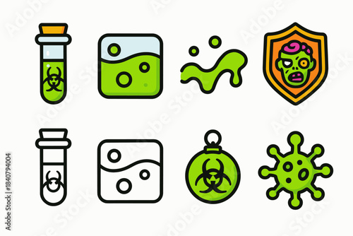 Zombie virus outbreak icon set. Infectious, halloween, biohazard, line art