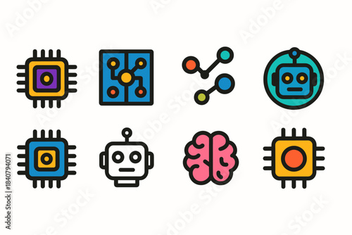 Technology, ai flat icon set. Robotics, ai, neural network icons collection