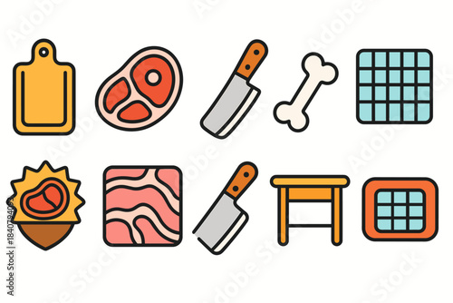 Butchery tools and meat outline icon set. Food preparation flat icons collection