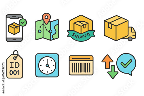 Delivery and logistics icon set: outline style, shipping and tracking symbols