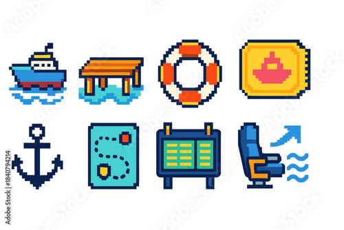 Maritime, navigation pixel icon set. Nautical, sea travel pixel art collection