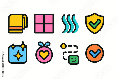 Cleaning and household flat icon set. Colorful icons for cleaning and organization.