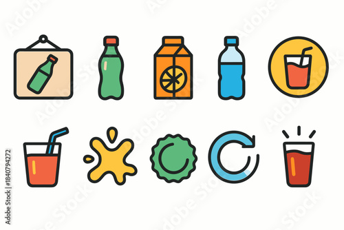 Beverage and drink outline icon set. Soft drinks, juice, refreshment icons collection