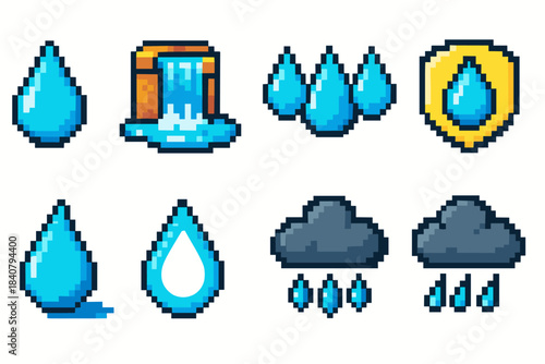 Water and weather pixel icon set in 3d. Droplet, cloud, rain icons collection