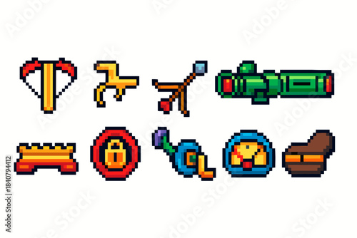 Pixel art weapons and tools icon set. Retro, game assets outline collection