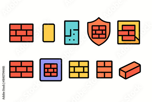 Construction and building icon set. Brick structures in a colorful flat collection.