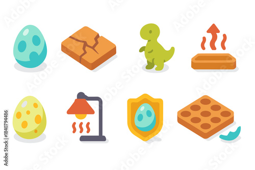 Dinosaur egg incubation icon set. 3D style collection of dinosaur egg, incubator icons
