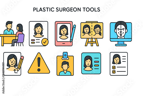 Plastic surgeon tools icon set. Medical, surgery, cosmetic, consultation flat icons