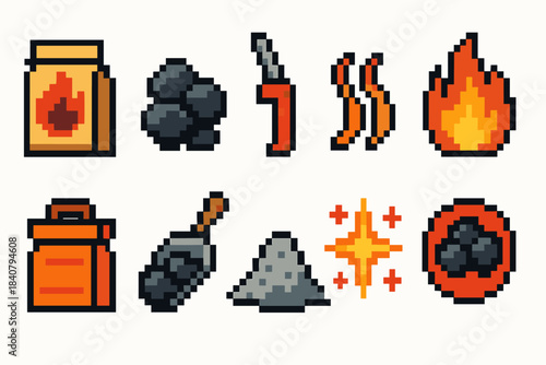 Pixel art fire icon set. Burning, flame, coal, heat icons in retro pixel style