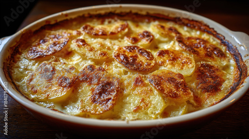 Delicious close-up of a freshly baked potato gratin (scalloped potatoes/dauphinois) in a ceramic dish, featuring creamy sauce and a bubbly, golden-brown caramelized cheese and potato crust.