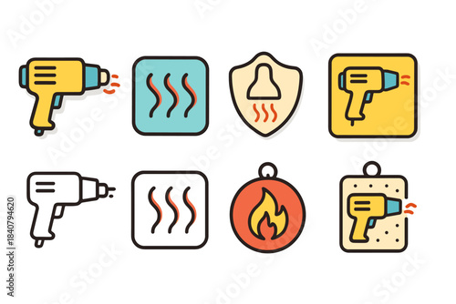 Heat tool, repair flat icon set. Diy, repair, heat gun, flat style icons collection.