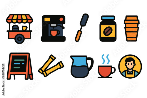 Coffee shop filled icon set. Cafe elements, barista tools, beverages collection.