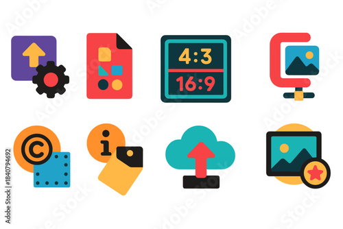 Technology and media flat icon set. Web, computer, cloud, multimedia icons collection