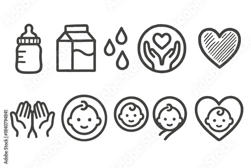 Baby care and love outline icon set. Simple, caring icons for parenting and nurturing.