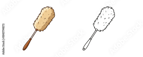 Cartoon illustration of a fuzzy feather duster with a wooden handle in brown and beige colors, perfect for cleaning and housework concept