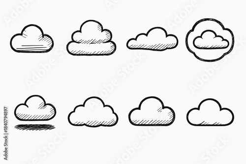 Cloud sketch icon set. Hand-drawn, outline weather and cloud icons for design