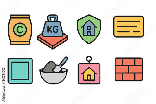 Construction and home improvement flat icon set: tools, building materials, safety icons