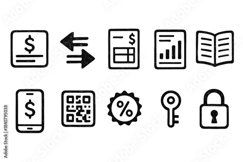 Business and finance outline icon set for reports, security, transactions