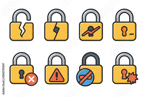 Security, lockout flat icon set. Safety, caution lock, access control flat icons