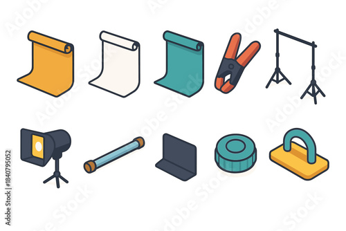 Photography equipment isometric icon set. Studio gear, lighting, background tools.