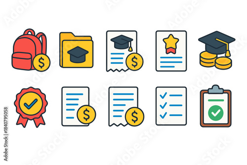 Education finance icon set, scholarship and tuition outline icons collection