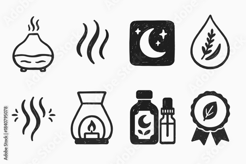 Essential oils, aromatherapy filled icon set. Relaxation, wellness icons bundle.