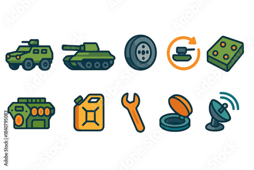 Military equipment flat icon set. Army, defense, warfare, vehicles, tools collection