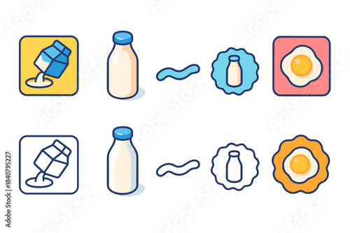Breakfast, dairy flat icon set. Milk, egg breakfast essentials flat icons collection