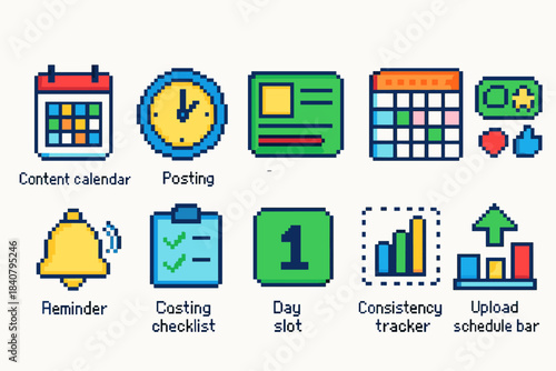 Content scheduling pixel art icon set for organization and planning