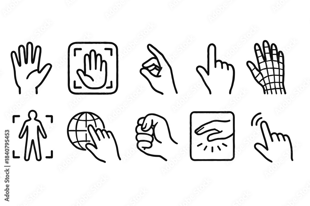 Fototapeta premium Hand gestures outline icon set for interface, cursor, action symbols collection