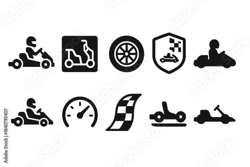 Go-kart racing solid icon set. Go-karting, speed, motorsport icons collection
