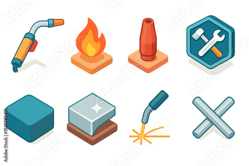 Welding, flame 3d icon set. Construction, repair tools 3d icons collection