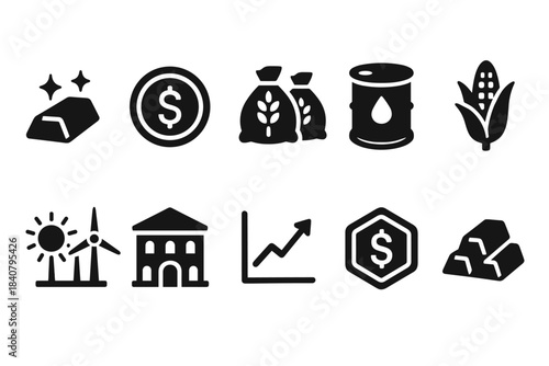 Finance and agriculture solid icon set: economy, investment, farming symbols collection