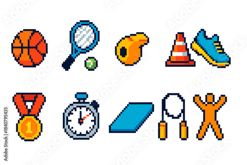Sports, fitness pixel icon set. Basketball, tennis, training equipment pixel art collection
