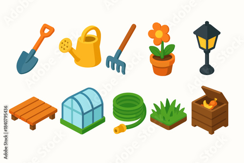 Gardening 3d icon set. Tools, plants, and accessories for garden enthusiasts